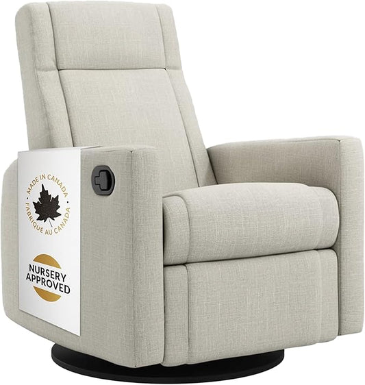 Jaymar Nelly Modern Nursery Glider Recliner Chair – Cozy Nursing Chair with 360° Swivel for New Parents, Gentle Rocking Motion, Compact Design, Lumbar Support – Made in Canada (Ivory/Nubia Fabric)