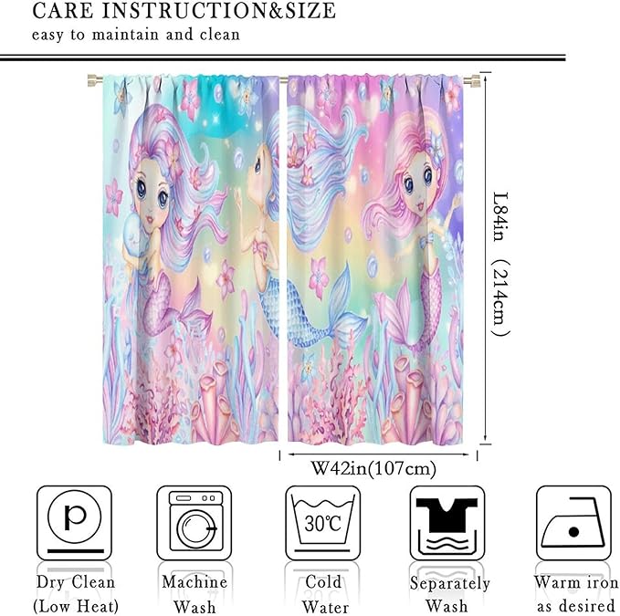 Cartoon Mermaid Kids Curtain Fantasy Ocean Theme Coral Flower Floral Window Treatment for Kids Girls Bedroom Nursery Room Decor Rod Pocket Blackout Window Drapes 84x84in