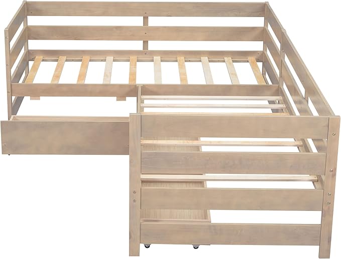 Twin Size L-Shaped Platform Bed for 2, Wood Kids Platform Bed Frame with 3 Storage Drawers and Guardrail for Boys Girls, Sturdy Slats Support (Natural-2.28)