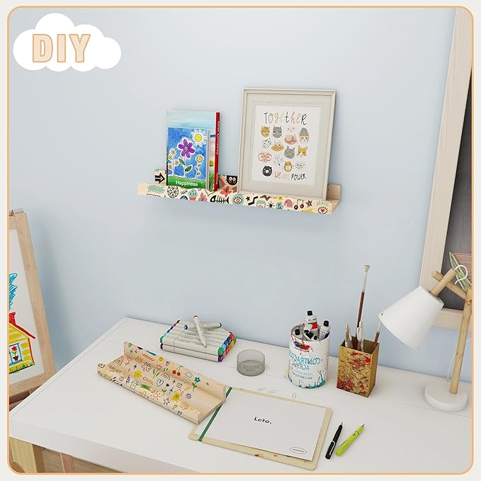 Fun Memories Picture Ledge Shelf for Wall, 16 inch Pine Wood Nursery Book Shelves Set of 4- Wall Book Shelves for Kids Room, Home Decor - Kitchen Spice-Natural
