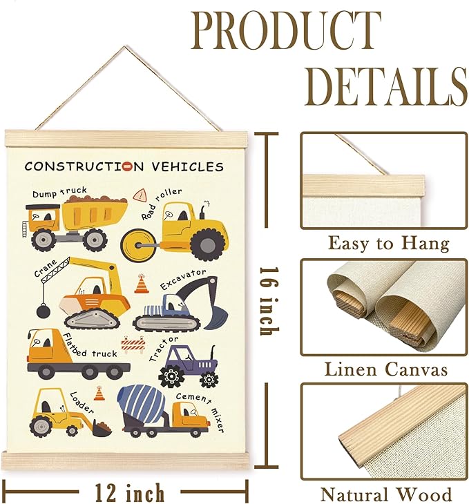CGBHW Construction Vehicles Nursery Poster Hanger Frame, Kids Educational Learning Trucks Name Posters Wall Art Hanging Decor for Toddler Boy Baby Room Playroom Classroom，12x16Inch