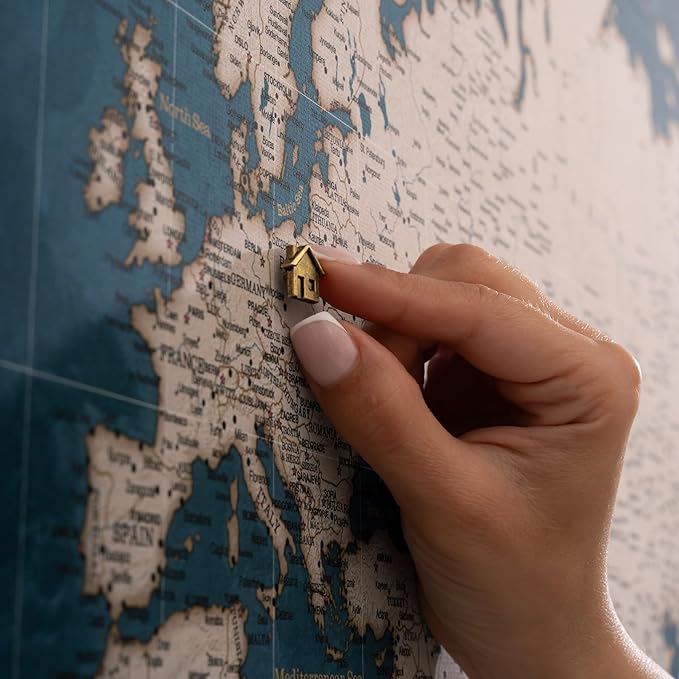 Canvas World Map with Cork Pin Board - English Lettering - Decorative Wall Decoration for All Rooms - Canvas Pictures with World Map Motif (70x50 cm, Pattern 19)