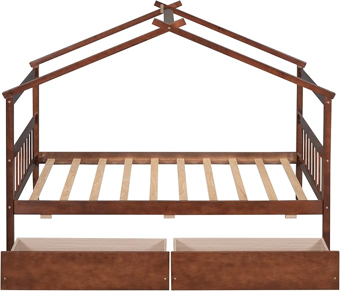 Merax Twin Size Wooden House Bed with Two Drawers, Wood Bed Frame with Roof for Kids, Teens, Boys or Girls, Walnut