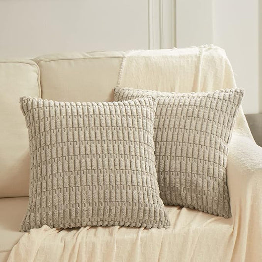 Fancy Homi 2 Packs Taupe Decorative Throw Pillow Covers 14x14 Inch for Living Room Couch Bed Sofa, Rustic Farmhouse Boho Home Decor, Soft Striped Corduroy Square Cushion Case 35x35 cm
