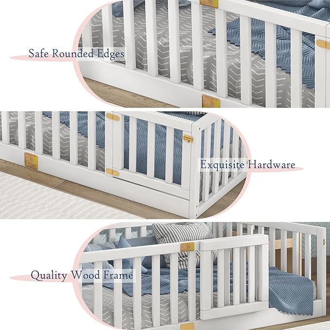 Tatub Twin Montessori Floor Bed with High Rails, Solid Wood Montessori Bed Frame for Kids, Door Can Install Left and Right, Twin-White