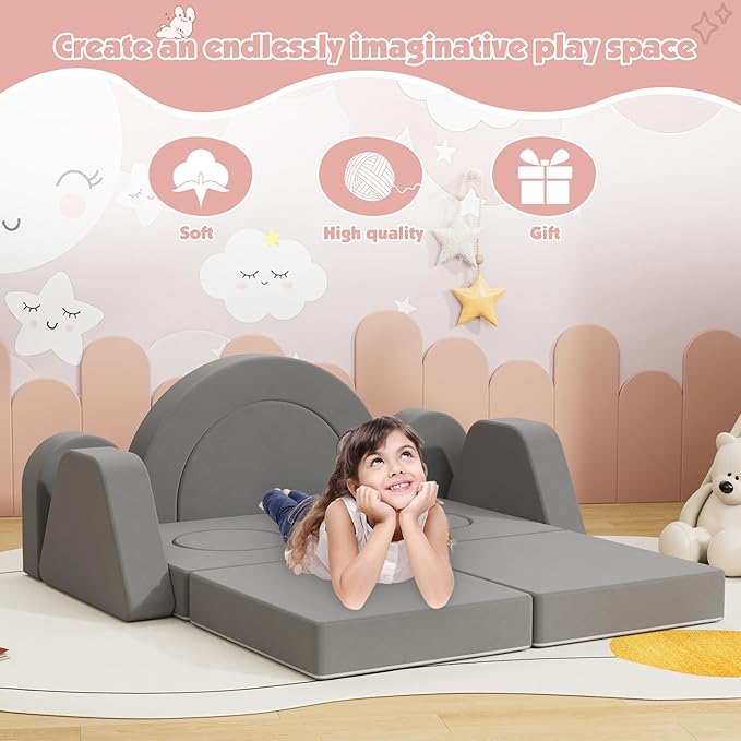12 PCS Modular Kids Play Block Couch Child Sectional Sofa Toddler Building Fortplay Bedroom Playroom Baby Convertible Floor Foam Cushion for Boys & Girls (Dark Gray-Double)