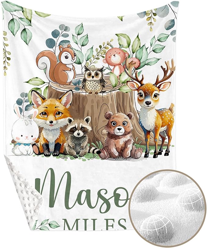 Personalized Crib Bedding Set for Boys Girls, Custom Baby Crib Sets with Name, Animal Stump Design Nursery Bedding 2 Piece - Soft Blanket with Double Layer Dotted Backing, Crib Fitted Sheet