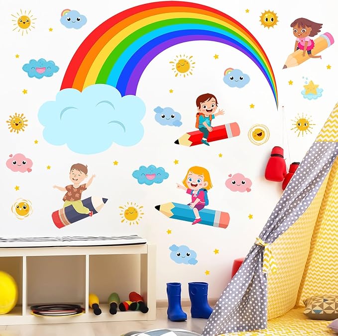 Rainbow Wall Decals Cloudy Sun Wall Stickers for Classroom, Watercolor Rainbow Cloudy Wall Decals Flying Girls Boys Wall Stickers Inspirational Art Murals for Nursery Playroom Kids Room
