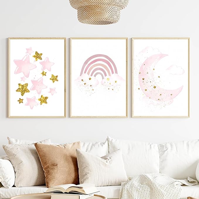 LUHDFYS Pink Moon and Stars Canvas Wall Art Print,Modern Cute Rainbow Picture,Unframed Children's Room Decor