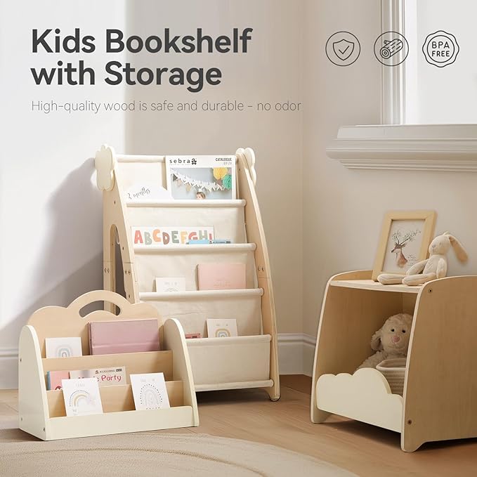 Kids Bookshelf with Storage, 3-Piece Modular Wooden Bookcase Organizer for Nursery, Bedroom, Playroom, Easy Assembly, Corner Shelf for Books & Toys, Natural Wood Design (A)
