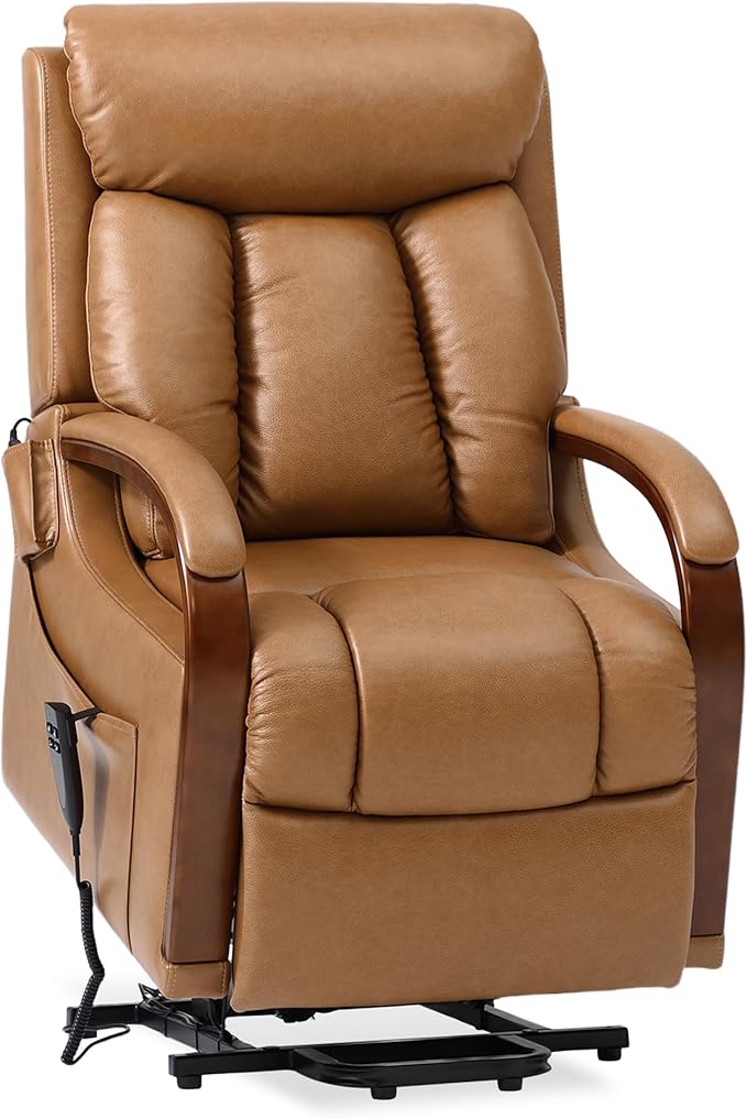 DYNOX Small Lift Chair Recliner with Heat and Massage, Dual Motor Power Lift Sofa for Elderly,Infinite Adjust for Back and Footrest,Side Pocket(9185,Genuine Leather,Camel