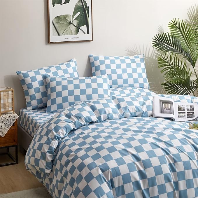 Houseri White Blue Plaid Duvet Cover King Light Blue Buffalo Checkered Bedding Duvet Cover King Size Women Men Modern Aqua Blue Checkerboard Water Blue Gingham Bedding Sets King Comfy Soft 3 Pcs