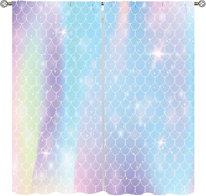 Mermaid Curtains, Kids Cartoon Watercolor Sea Animals Mermaid Princess Scales Pattern Print Living Room Decoration for Kids Girls Bedroom Nursery 72x63 Inch