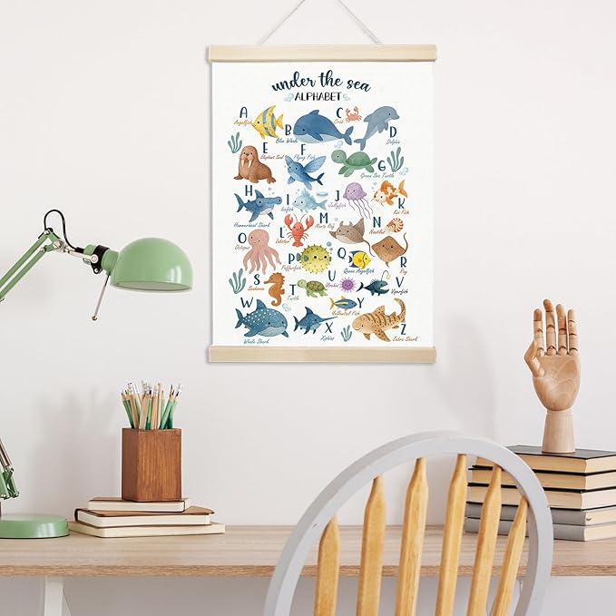 Voxitura Sea Animals Alphabet Poster Hanger Frame, Nursery Ocean Wall Decor Art Canvas for Playroom Kids Toddler Room Classroom, Cute Watercolor ABC Prints for Wall Hanging Decor Banner 12x16in