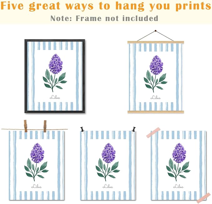 JINYO Vintage Blue and White Striped Floral Wall Art Prints Set of 4, Rustic Lilac Anemone Chamomile Borage Flower Posters Pictures Wall Decor for Home Bedroom Living Room, 8x10 Unframed