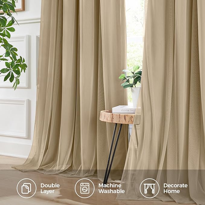 100% Blackout Curtains for Bedroom, Double Layer Khaki Curtains, Black Out Curtain 84 inch Long with Sheer Overlay for Living Room, Room Darkening Window Drapes with Grommet, 52" W x 84" L