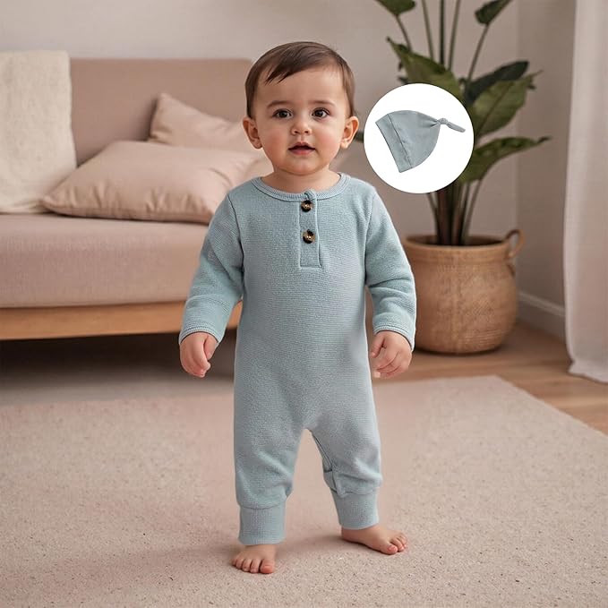 Newborn Knit Romper Hat 2 Pieces Button Up Footed Jumpsuit Baby Boy Clothes Photography Coming Home Outfit