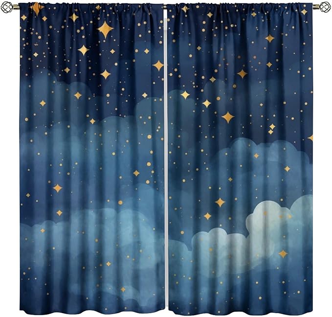 Night Sky Stars Curtain for Kids, Blue Starry Space Galaxy Pattern Window Treatments for Boys Girls Bedroom Toddlers Room Living Room 63" W X 72" L