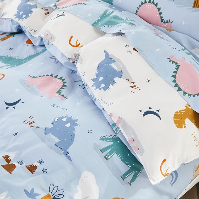Brandream Boys Duvet Cover Twin/Twin XL Size 100% Percale Cotton 2pcs Kid's Bedding Duvet Cover Shams Set, Fun Dinosaur Print Reversible Blue Cream Beige Soft and Breathable