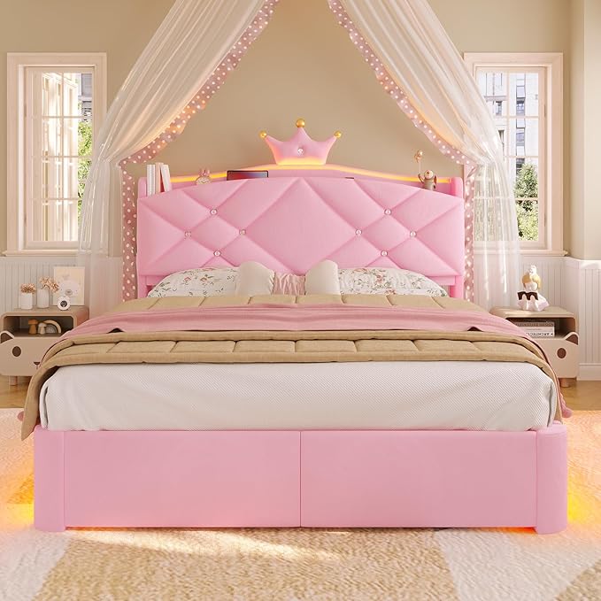 MSmask Full LED Bed Frame with Storage Headboard & 2 Storage Drawers, Princess Upholstered Bed with Charging Station & Crystal Button & Crown, Velvet Platform Bed for Girls, Curved Legs, Pink