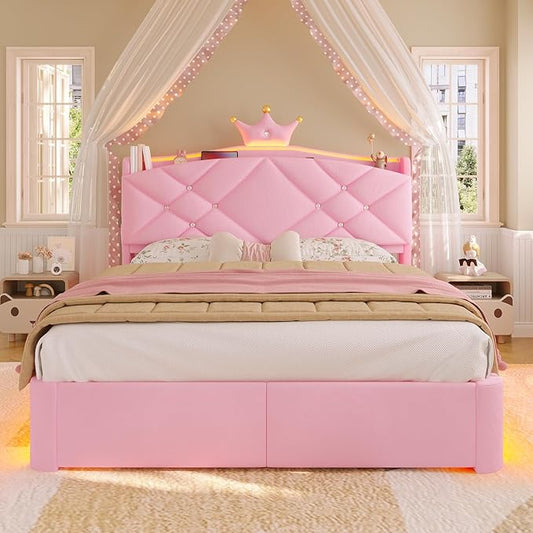 MSmask Full LED Bed Frame with Storage Headboard & 2 Storage Drawers, Princess Upholstered Bed with Charging Station & Crystal Button & Crown, Velvet Platform Bed for Girls, Curved Legs, Pink