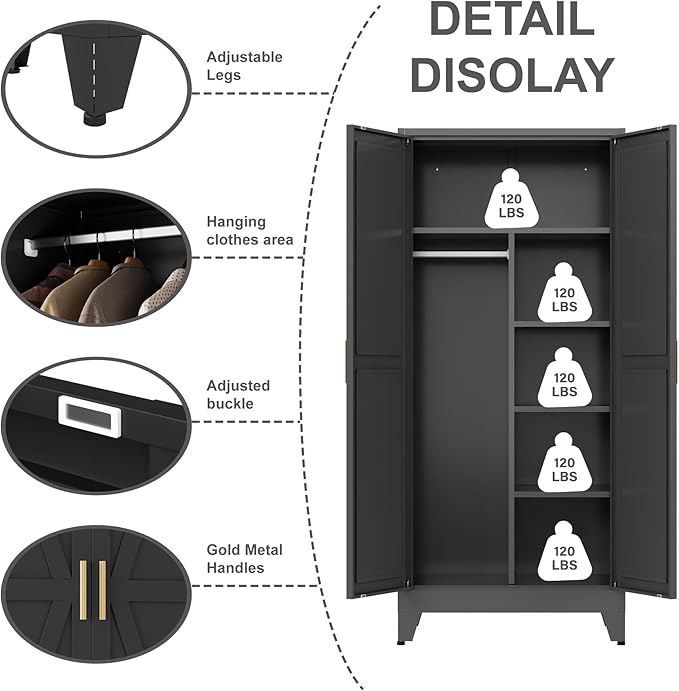 Metal armoire Wardrobe Closet with Hanging Rod,71'' Metal Wardrobe Cabinet with 2 Doors and 4 Adjustable Shelves, Bedroom armoires,Laundry Room cabinets,armario de ropa Closet
