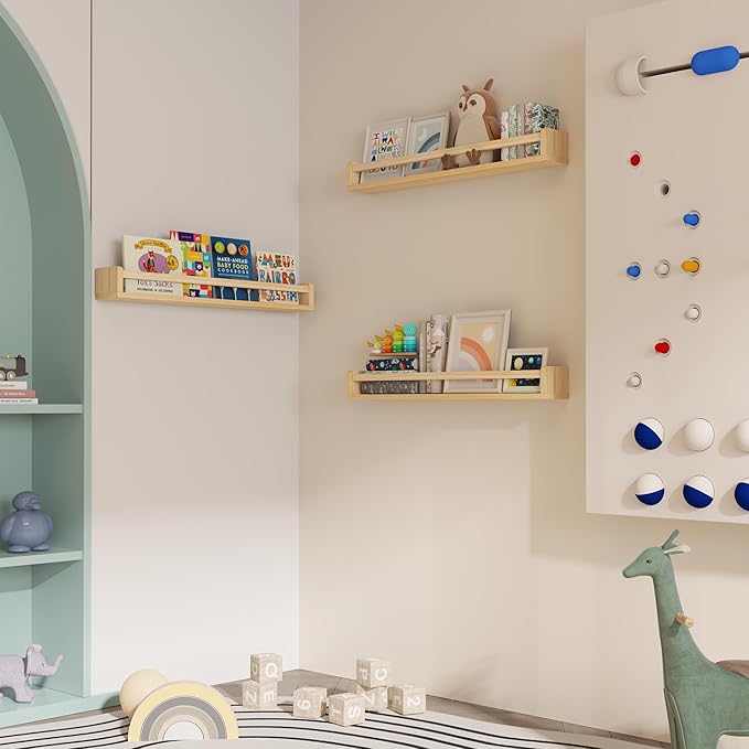 Heimlove 32 Inch Nursery Floating Shelves, Solid Wood Nursery Book Shelves for Wall, Mounted Bookshelf for Toddler Room, Baby Room, Wall Shelves for Books,Toys and Decor Storage, Set of 2
