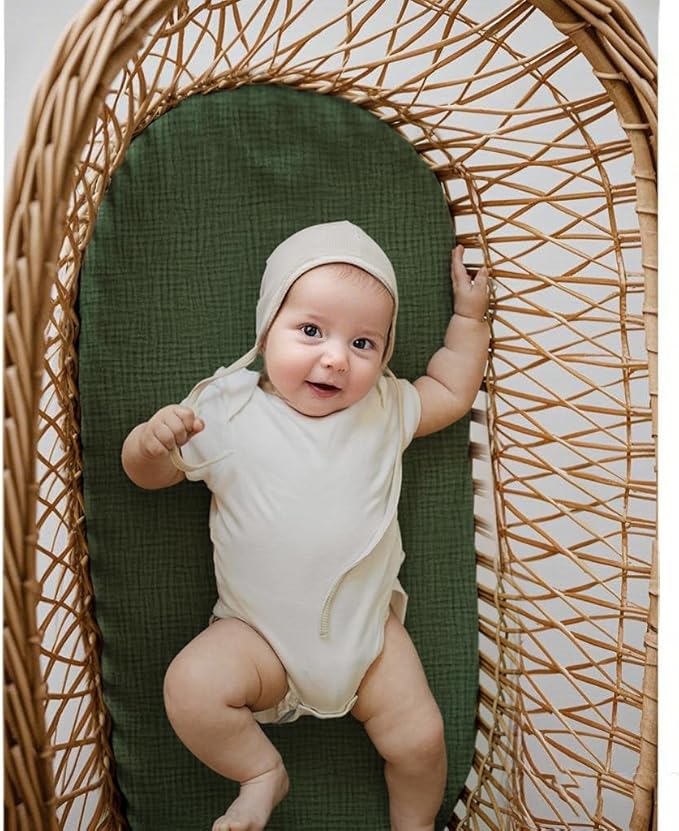 Baby Muslin Bassinet Sheets 3 Pack for Boys & Girls, Soft Breathable Cotton Bassinet Mattress Cover, Universal Fit for Hourglass, Oval, and Rectangle Mattress (Leaf Green)