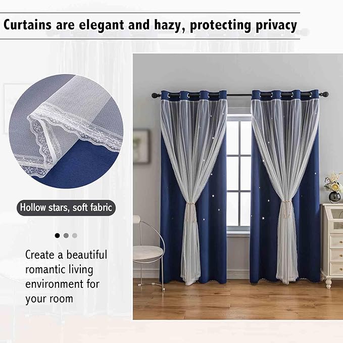 Anytime Romantic Kids Curtain,Hollow-Out Stars Window Curtain Double Layer Blackout Curtains for Girls Bedroom Kids Room 2Panel,(W52 x L72,Navy Blue)