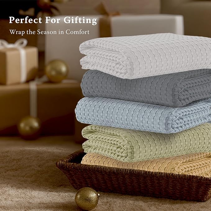 Threadmill Cooling Cotton Waffle Queen Size Blanket | Breathable, Lightweight & Ultra-Soft |Made from Rayon Derived from Bamboo | Cooling Throw Blanket for Couch and Sofa|90 x 92 Inches | Sage Green