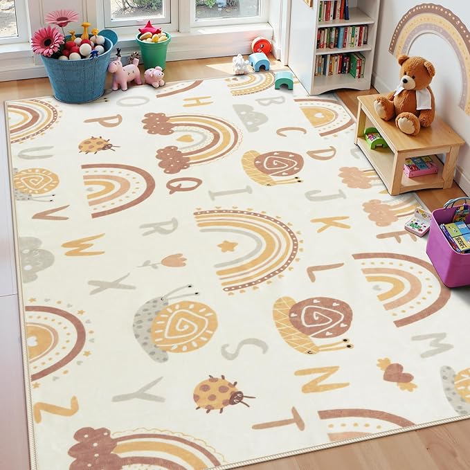 LIVEBOX Kids Rainbow ABC Alphabet Bedroom Rug 5x7, Washable Playroom Rug for Girls,Non Slip Soft Cute Kids Room Carpet Mat (Orange)
