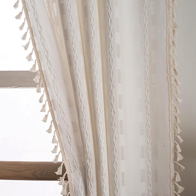 Deeprove Cream White Boho Curtain 84 inches Length for Living Room Bedroom Nursery Doorway, Cream Bohemian 84 inches Long, Chic Stripe Embroidery Privacy Window Fringe Decor W52 x L84, 1 Panel