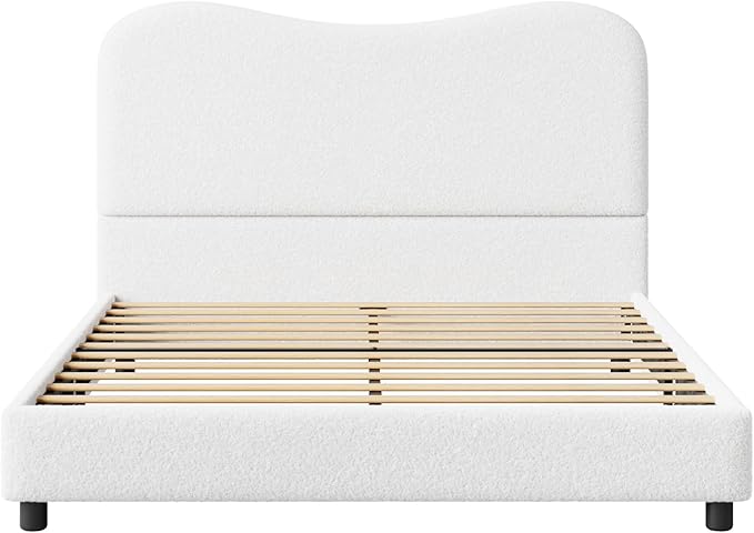 Senfot White Boucle Bed Frame with Upholstered Headboard, Soft Low Profile Sturdy Platform Bed with Rounded Corners Design, Heavy Duty, Wooden Slats, Noise Free, No Box Spring Needed, Full Size