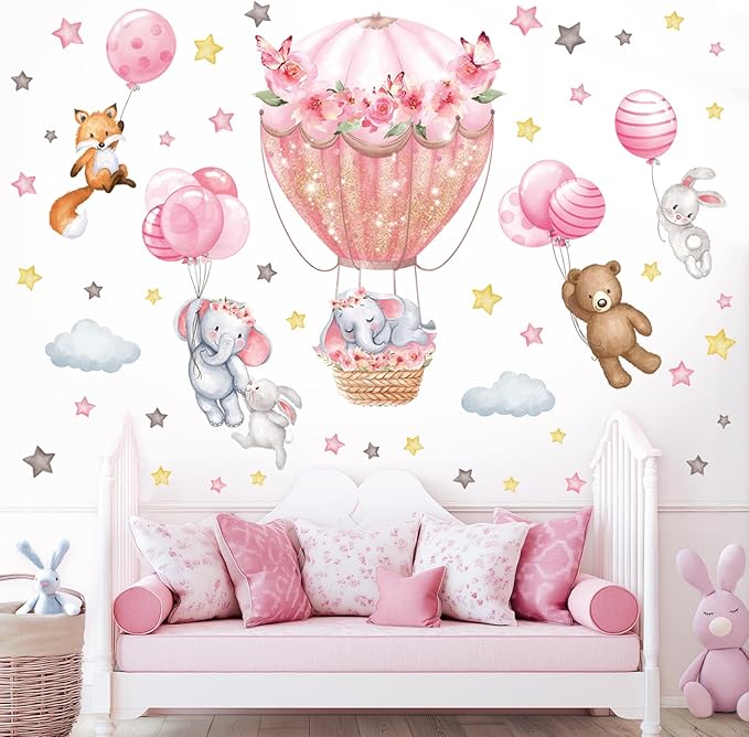 DECOWALL SG2-2408 Animal Hot air Balloon Balloons Wall Stickers Decals Flowers Elephant Bear Baby Nursery Bedroom Girls Toddler Pink Room Home Décor Decorations Kids Fox Rabbit Peel and Stick