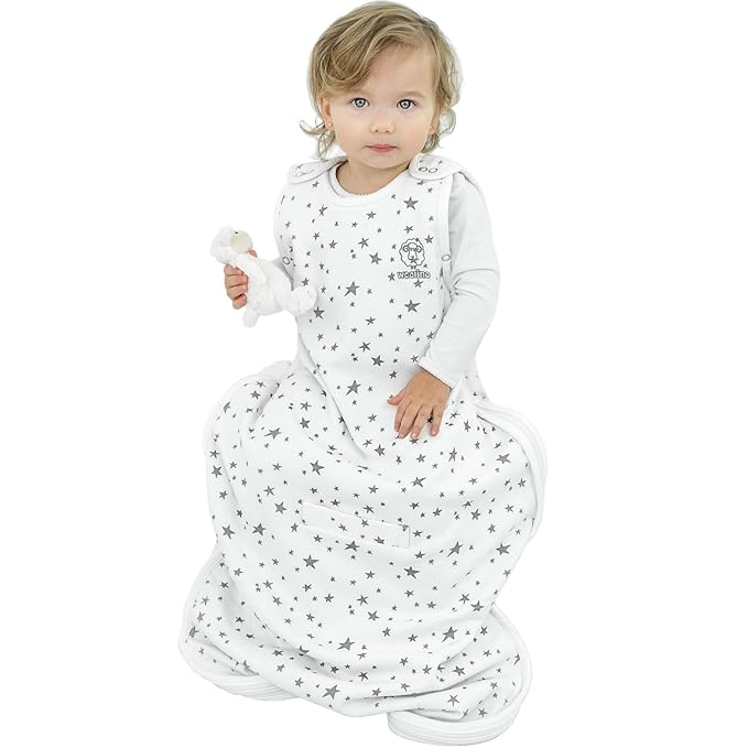 Woolino 4 Season Ultimate Baby Sleeping Bag - Merino Wool and Organic Cotton - Universal Size Adjustable Sleep Sack for Baby - Two-Way Zipper Sleeping Bag (2-24 Months) - Stars White