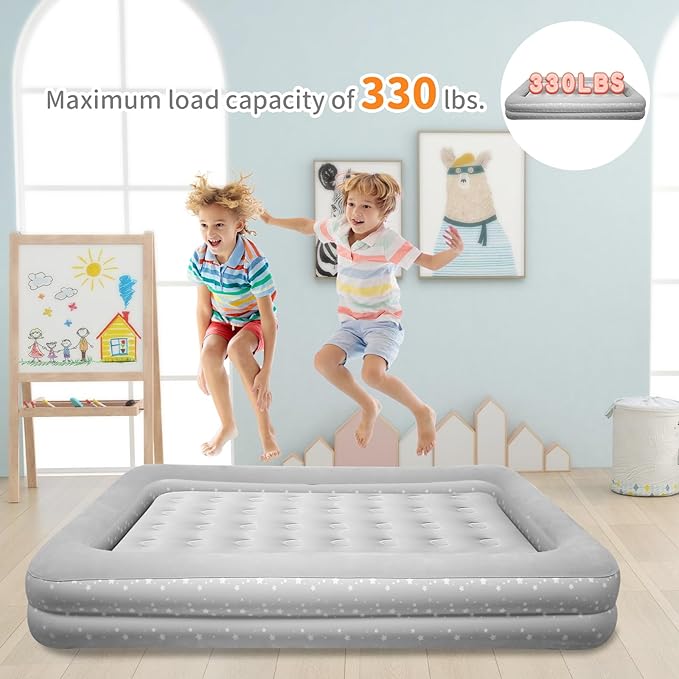 Air Mattress for Kids 4-7 Years - Toddler Travel Bed with Built-in Pump, Sides for Safety, Ultra Soft Plush Surface - Portable Kids Sleeping Pad for Camping, Hotels, Sleepovers & Grandparents' House