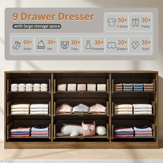 Fluted Wood Dresser for Bedroom,63” Wide 9 Drawer Dresser Mid Century Chest of Drawers Wooden with Gold Handles,Dressers TV Stand Storage Organizer for Closet,Bedroom,Living Room, Walnut
