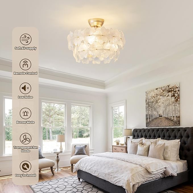Fandelier Ceiling Fan with Light 20” Gold Flower Chandelier Ceiling Fan with Lihgts Remote Control Modern Crystal for Girl's Bedroom,Nursery,Living Room