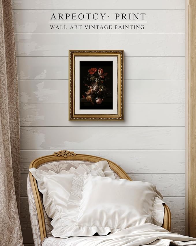 ARPEOTCY Vintage Gold Framed Wall Art, Retro Still life Floral Flowers in a Bowl Canvas Prints Artwork with Antique Frame, Victorian Wall Paintings Decor for Living Room Gallery, 11x14 inch