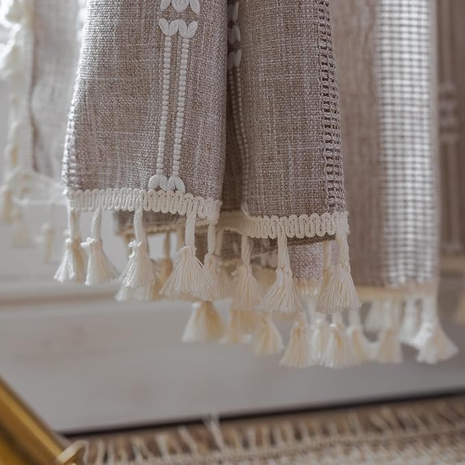 Deeprove Boho Curtains 84 Inches Long for Bedroom, Taupe Cotton Linen White Stripes Embroidery Chic Hollow Geometric, Semi Blackout Window Vintage Drape Tassels, 1 Panel W52 x L84