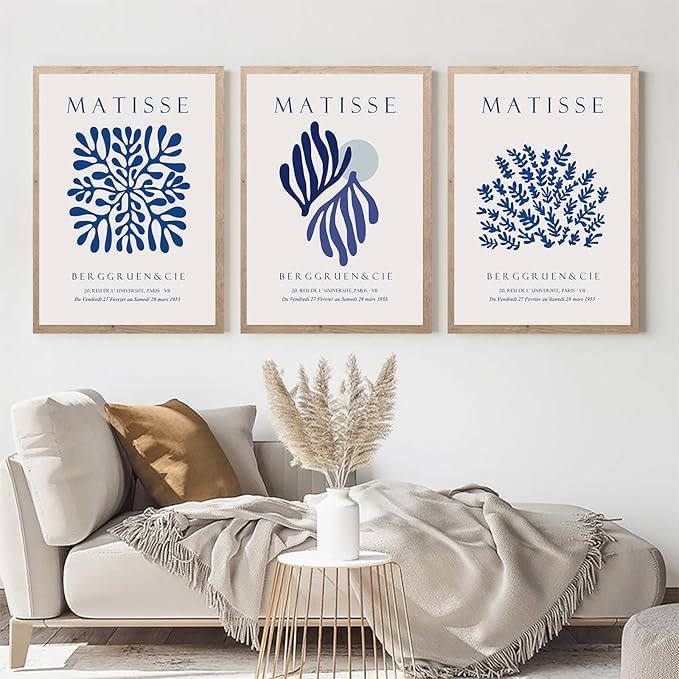 LUHDFYS Blue Matisse Canvas Wall Art Print,Abstract Matisse Wall Art Exhibition Posters Set of 3,Navy Blue Canvas Prints,Landscape Aesthetic Decor for Bedroom Bathroom Living Room Unframed