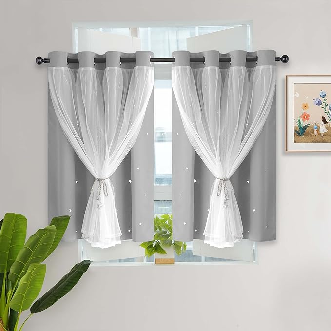 Kinryb Kids Blackout Curtains for Bedroom/Living Room/Classroom, Sheer Overlay Small 2 Panel Set, Double Layer Curtains with Star Cutout for Kids Room(W 52 x L 36 Inches,Silver Grey 2 PCs)