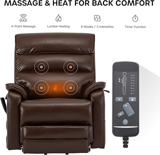 DYNOX 400 LBS Big Tall Man Large-Wide Power Dual Motor Lift Recliners Chairs for Elderly, Lay Flat Lift Chair with Infinite Positions, Heat & Massage, Extended Footrest (9298L,Faux Leather,Brown)