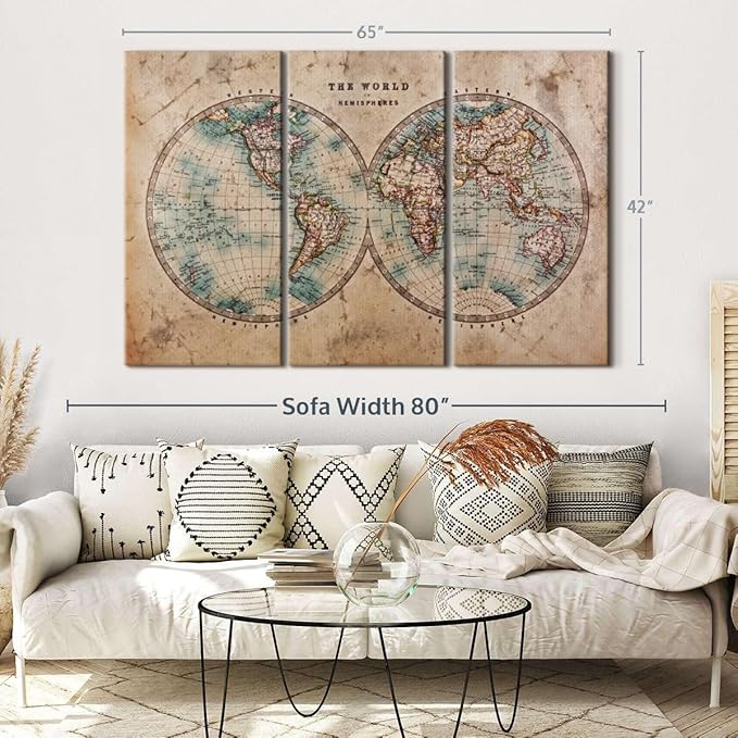 ElephantStock Hemisphere Map Wall Art Multi Piece Canvas - 3 Piece Canvas World Map Wall Decor - Wall Decor Print - Vintage Wall Art - 65" X 42"