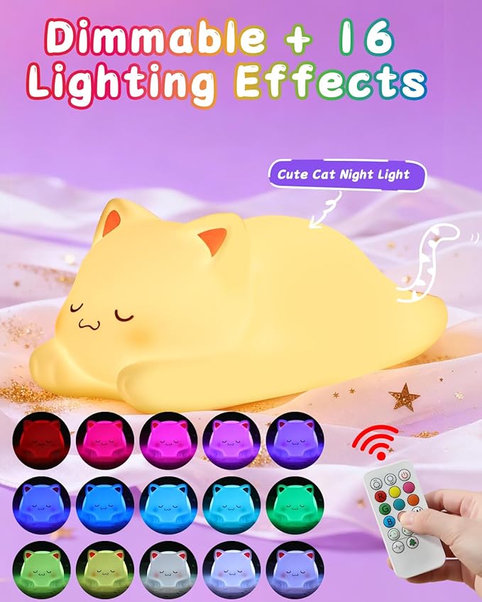 ZKLiLi Night Light for Kids Cute Cat Lamp,16 Colors+Tap+Remote+Silicone Kids Cute Cat Lamp Gifts,USB Remote Rechargeable Cat Night Lights for Room Decoration