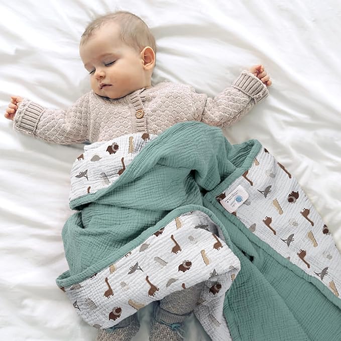 lulumoon Muslin Baby Blanket - Cotton Quilt Blankets for Toddlers - Reversible Nursery Crib Blanket for Baby Boys and Girls 47"x47"(Sage Dinosaur)