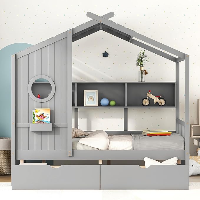 Merax Wood Full Multifunctional Montessori Daybed with Drawers/Storge Shelves, Low House Bed for Kids Boys Girls,Easy Assemble, Gray