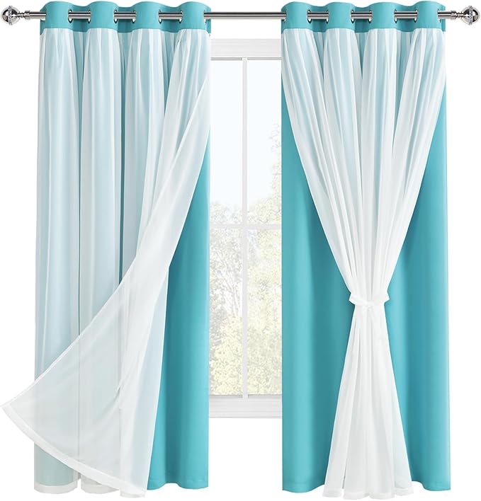 Hiasan Blackout Curtains with Sheer Overlay, Thermal Insulated Privacy Mix & Match Double Layer Window Curtains for Girls Bedroom, Living Room, 2 Drape Panels with Tiebacks, Turquoise, 52W X 63L