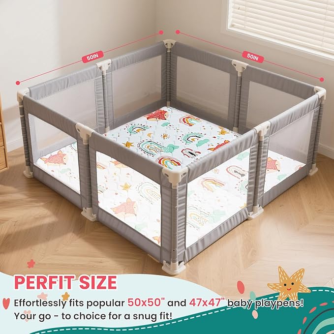 Baby Play Mat for Floor,50x50 Inch Soft Foam Padding Crawling Mat for Playpen, Foldable and Machine Washable, Thick for Babies & Toddlers,Rainbow Fox