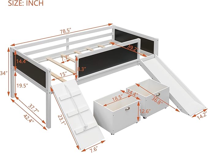 Play Fun Design Twin Size Loft Bed with Slide and Rope Climbing Ladder for Kids Boys Girls, Solid Wood Loft Bed Frame with 2 Storage Boxes and Double-sided Chalkboard, Sturdy Slat Support (White-2)
